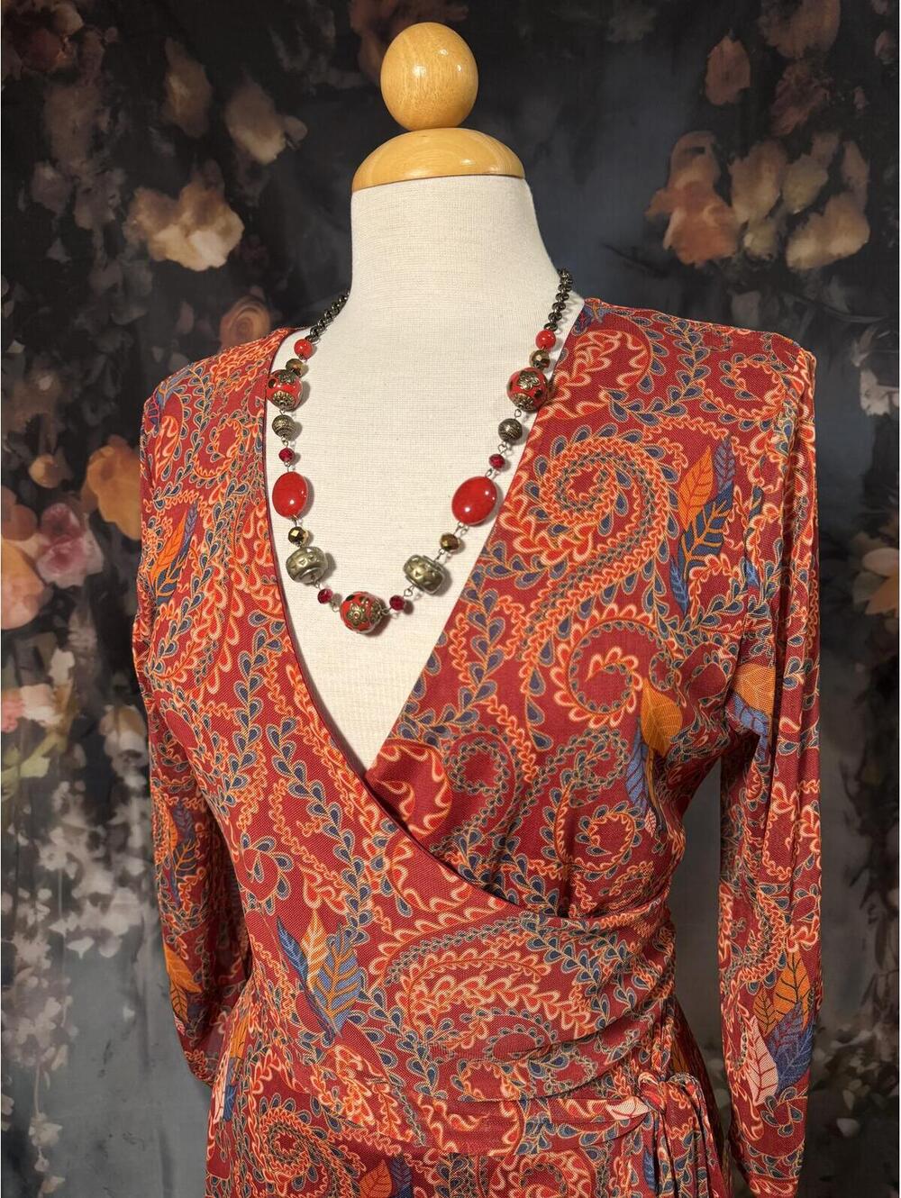 Harlow & Rose Burgundy Paisley Faux Wrap Maxi Dress - Picture 3 of 9